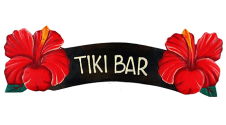 tiki bar sign with hibiscus flowers